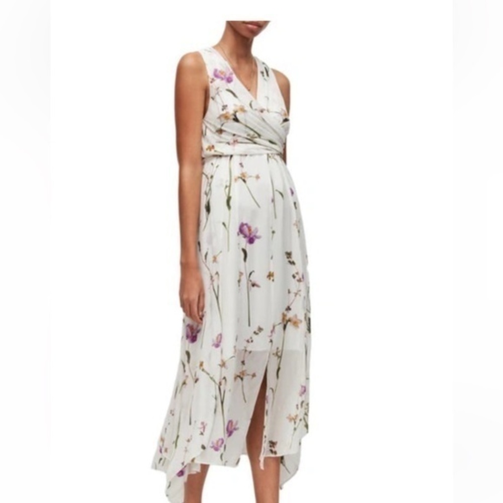 AllSaints Capri Kikyo Dress Sleeveless Flowy Floral High Low Midi White US 6 NWT